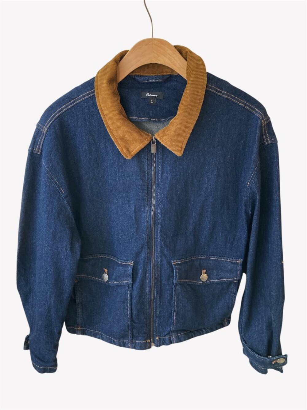Reitmans Small Womens Denim Dark Blue Brown Corduroy Collar Barn Jacket Fall